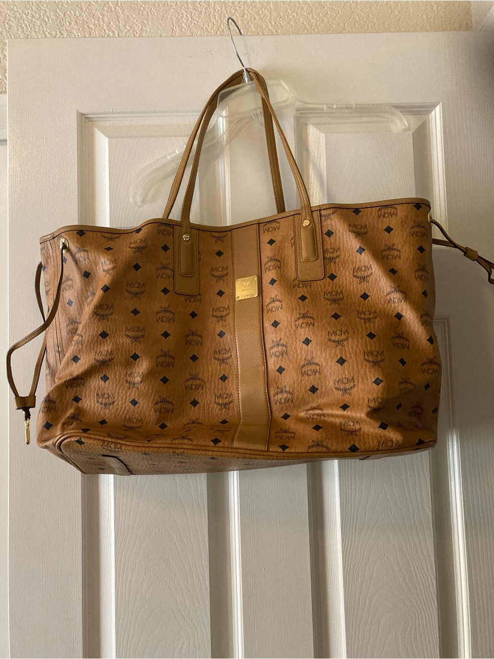 MCM Cognac Monogram Large Liz Coated Canvas Tote with Gold Plaque